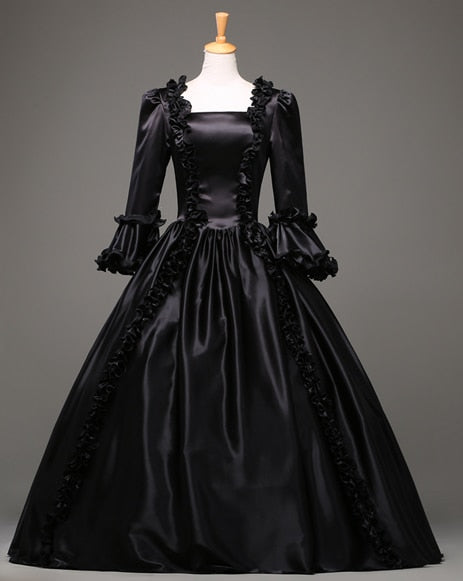victorian dresses black Black Satin Victorian Gothic Dress: Regal Mourning Gown with Hand Cuffs